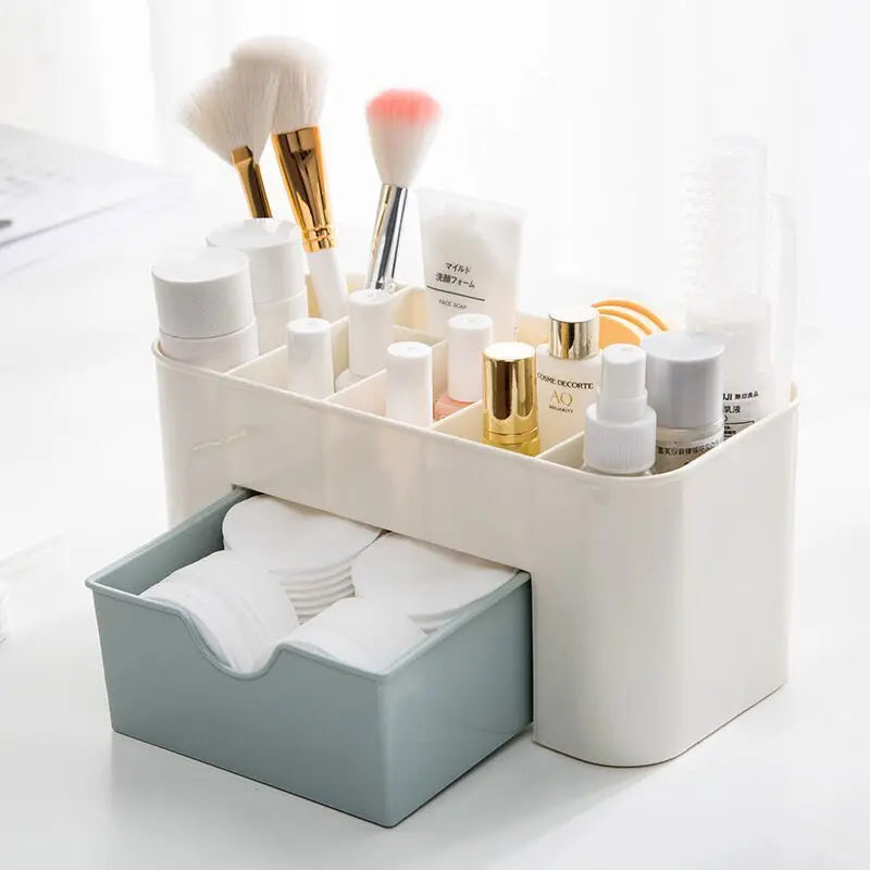 Acrylic Makeup Storage Case – With Drawer, Brush & Cotton Swab Holder