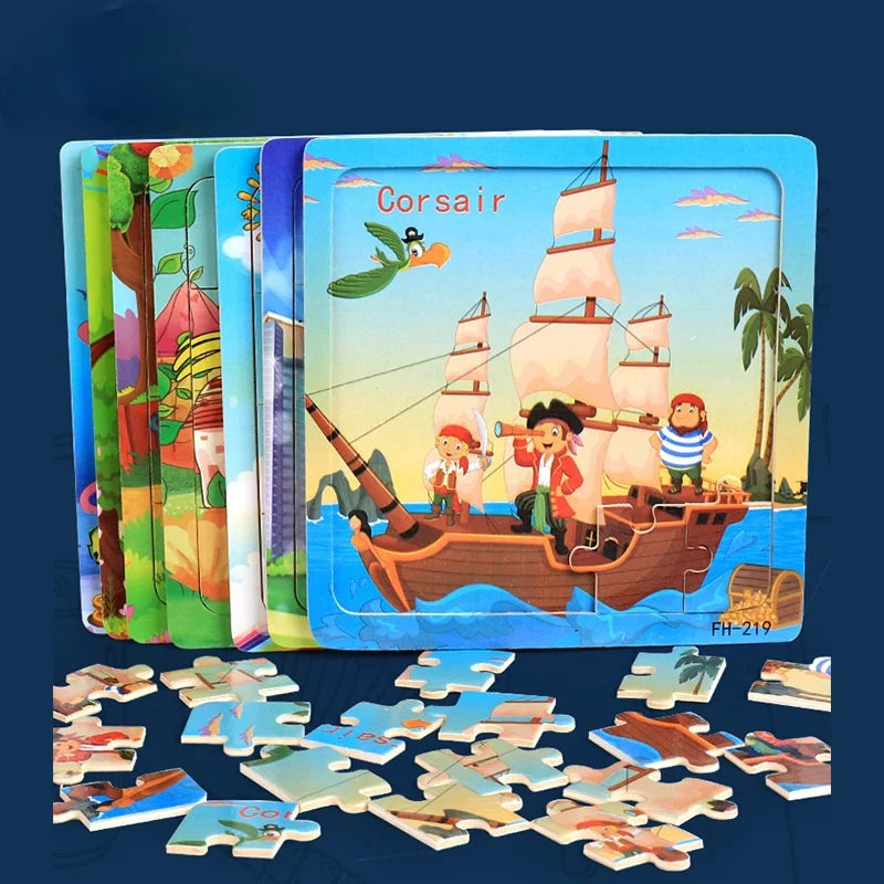 20pcs Wooden 3D Puzzle Set – Animals & Vehicles