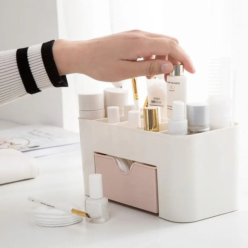 Acrylic Makeup Storage Case – With Drawer, Brush & Cotton Swab Holder