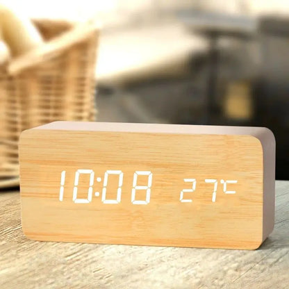 Wooden LED Alarm Clock – Bedside & Office Temperature Clock