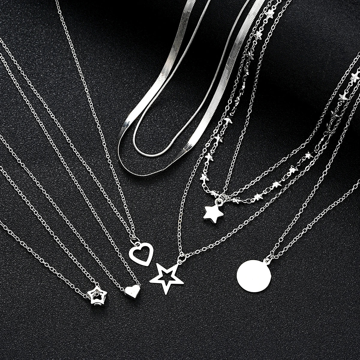 9Pcs Choker Necklace Set – Layered Heart & Star Pendants