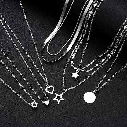 9Pcs Choker Necklace Set – Layered Heart & Star Pendants