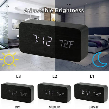 Wooden LED Alarm Clock – Bedside & Office Temperature Clock