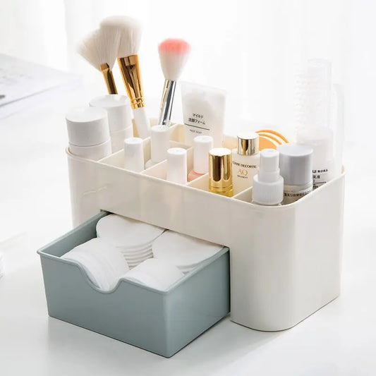 Acrylic Makeup Storage Case – With Drawer, Brush & Cotton Swab Holder