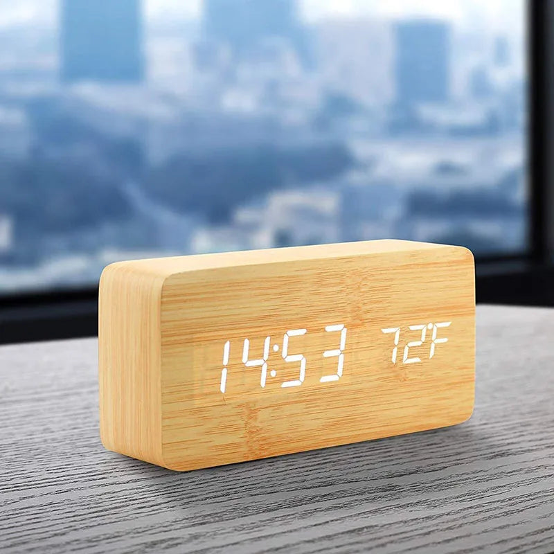 Wooden LED Alarm Clock – Bedside & Office Temperature Clock