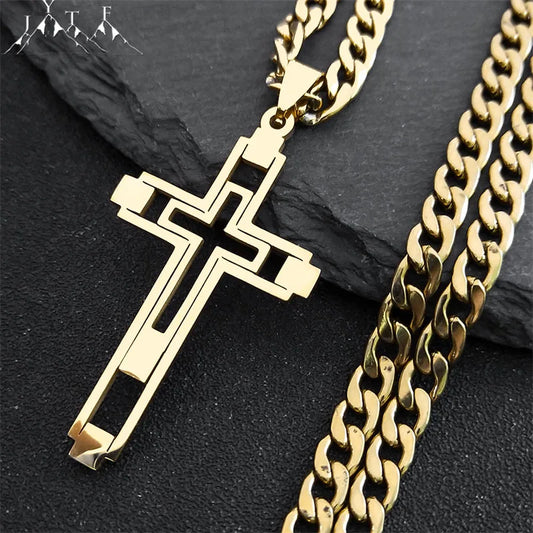 Unisex Gold Cross Necklace – Long Stainless Steel Chain 2024