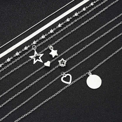 9Pcs Choker Necklace Set – Layered Heart & Star Pendants