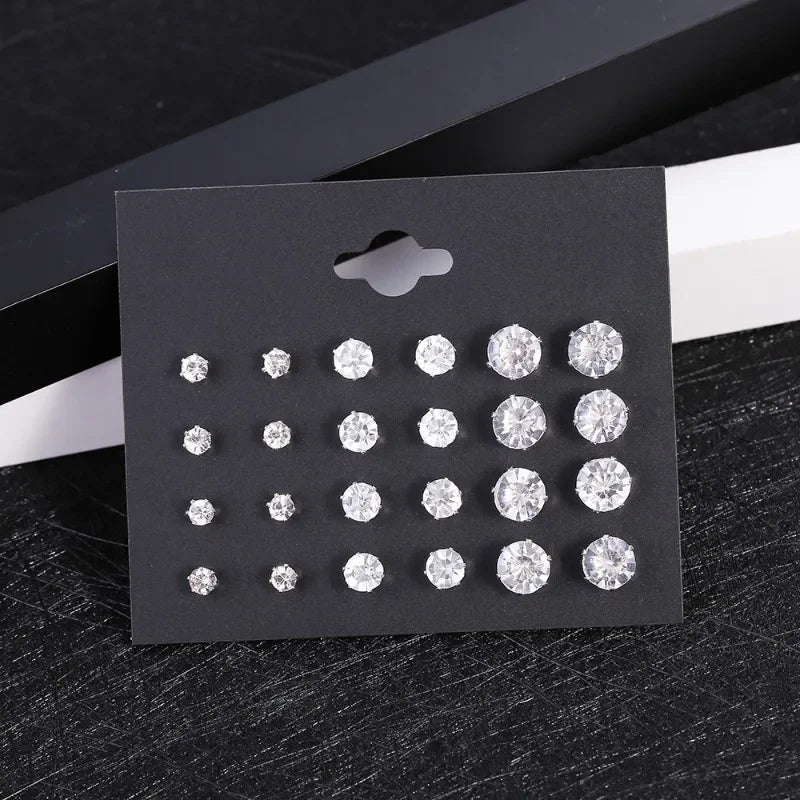 12 Pairs Shiny Crystal Stud Earrings – Wedding Set for Women & Men