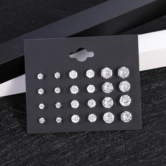 12 Pairs Shiny Crystal Stud Earrings – Wedding Set for Women & Men