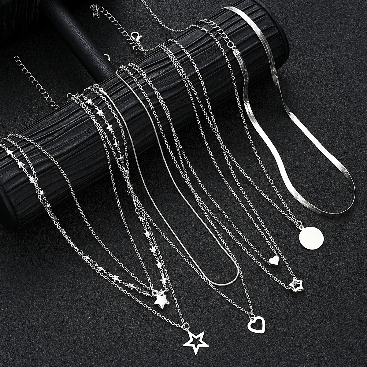 9Pcs Choker Necklace Set – Layered Heart & Star Pendants
