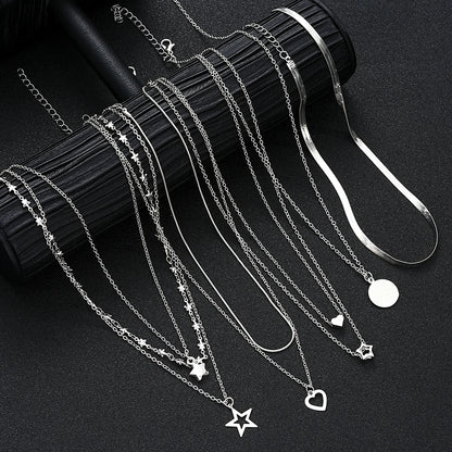 9Pcs Choker Necklace Set – Layered Heart & Star Pendants