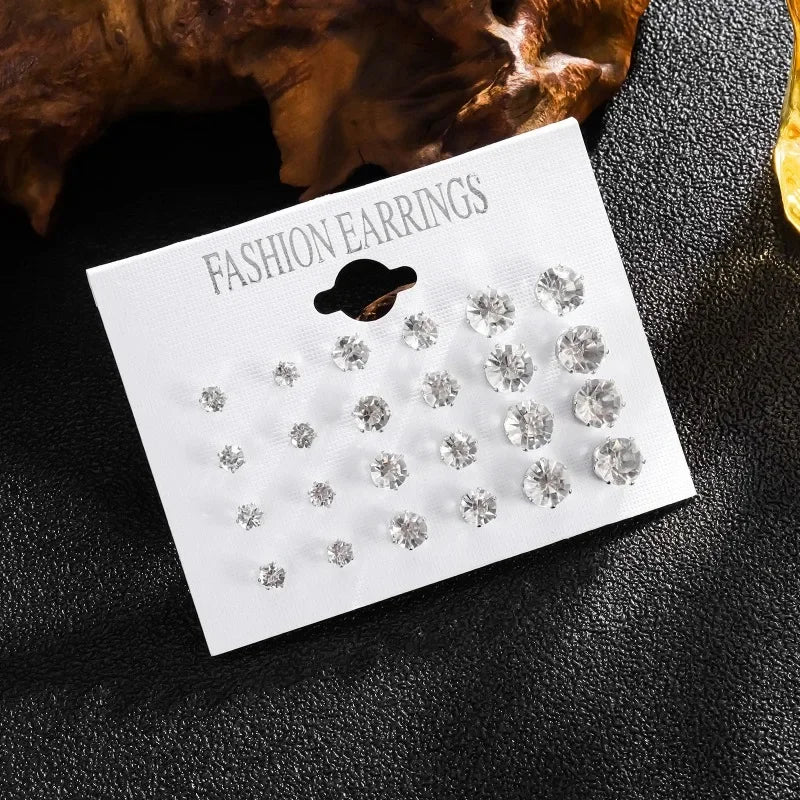 12 Pairs Shiny Crystal Stud Earrings – Wedding Set for Women & Men