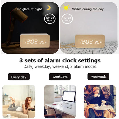 Wooden LED Alarm Clock – Bedside & Office Temperature Clock