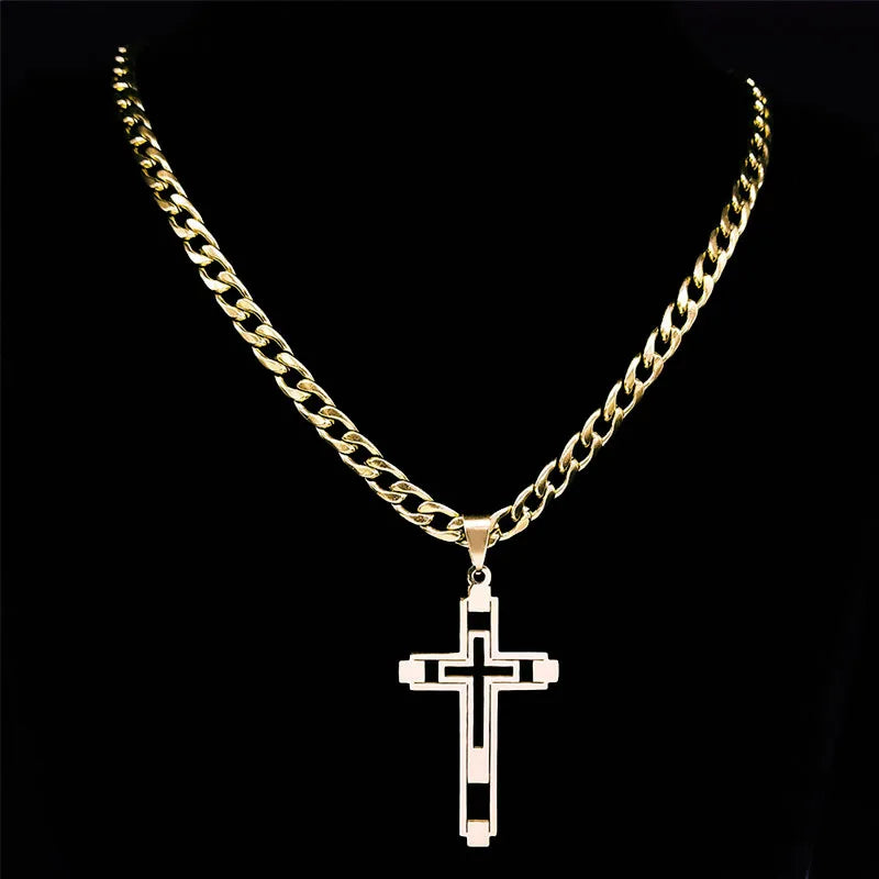 Unisex Gold Cross Necklace – Long Stainless Steel Chain 2024