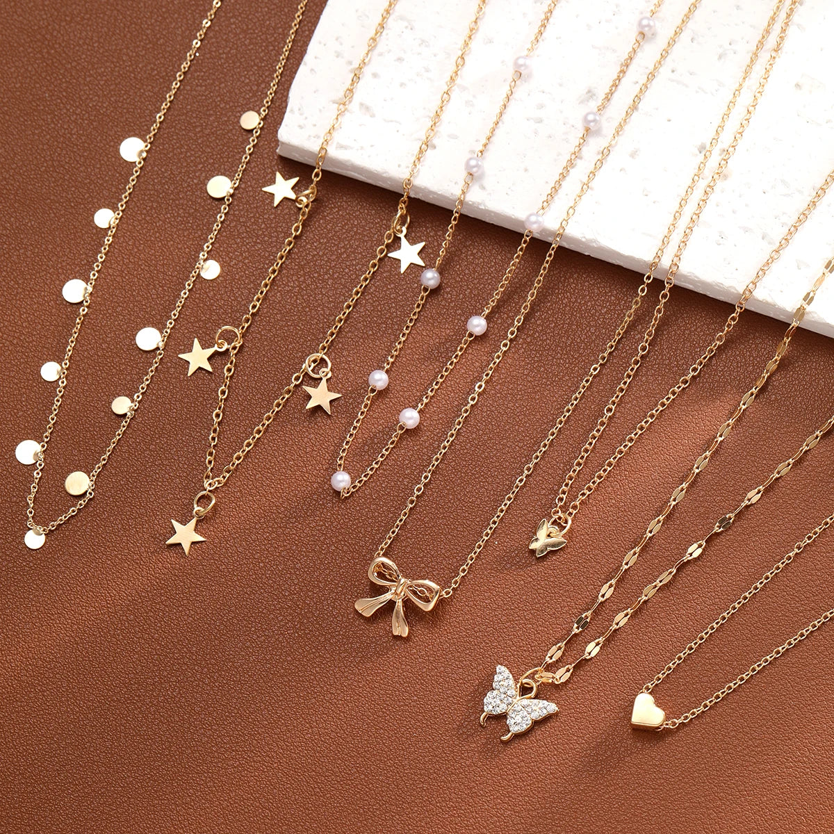 9Pcs Choker Necklace Set – Layered Heart & Star Pendants