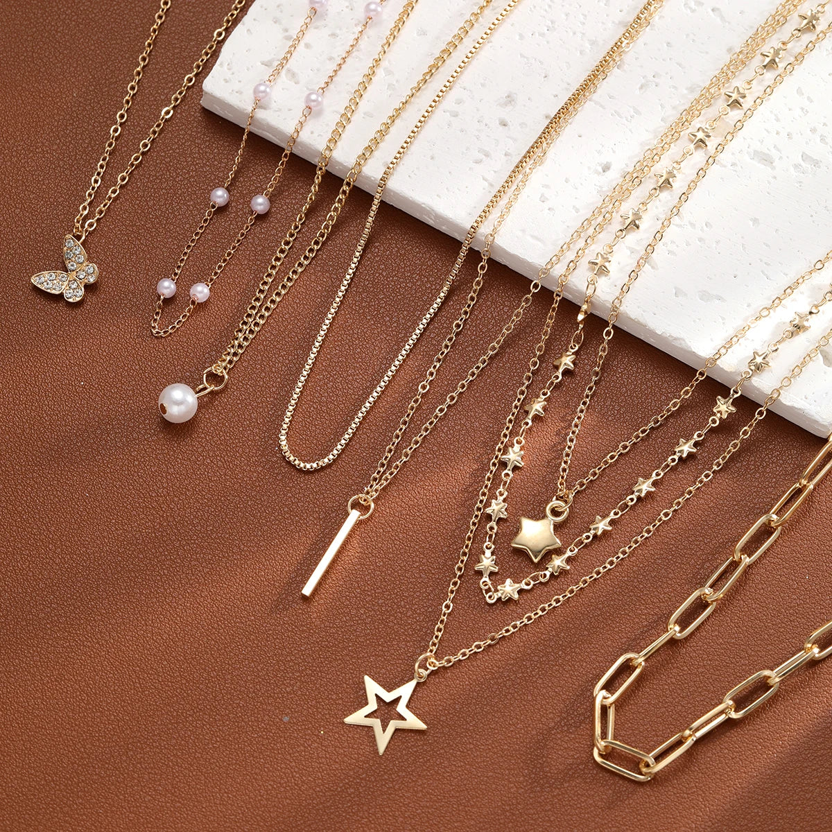 9Pcs Choker Necklace Set – Layered Heart & Star Pendants