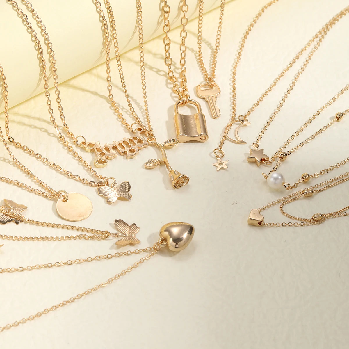 9Pcs Choker Necklace Set – Layered Heart & Star Pendants