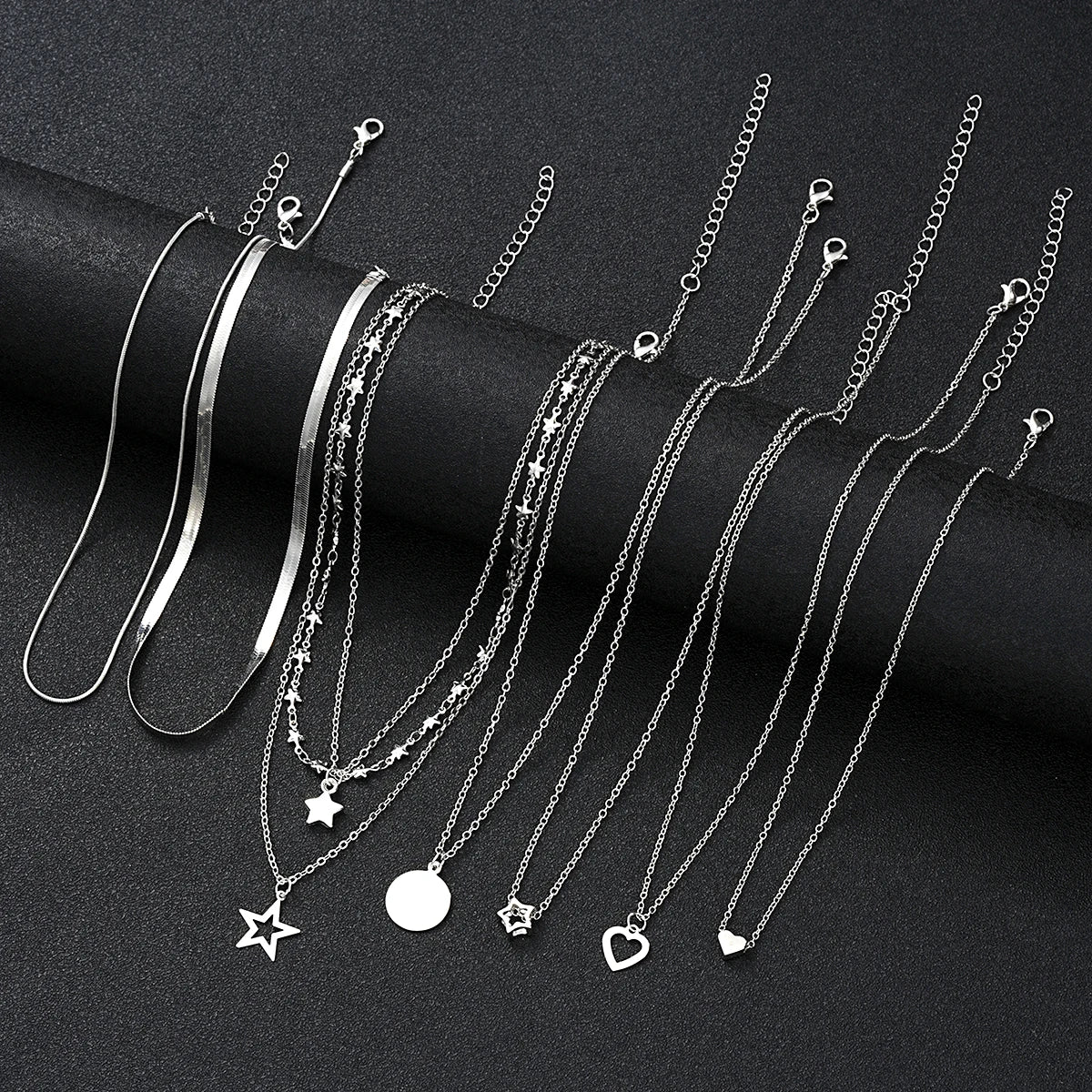 9Pcs Choker Necklace Set – Layered Heart & Star Pendants