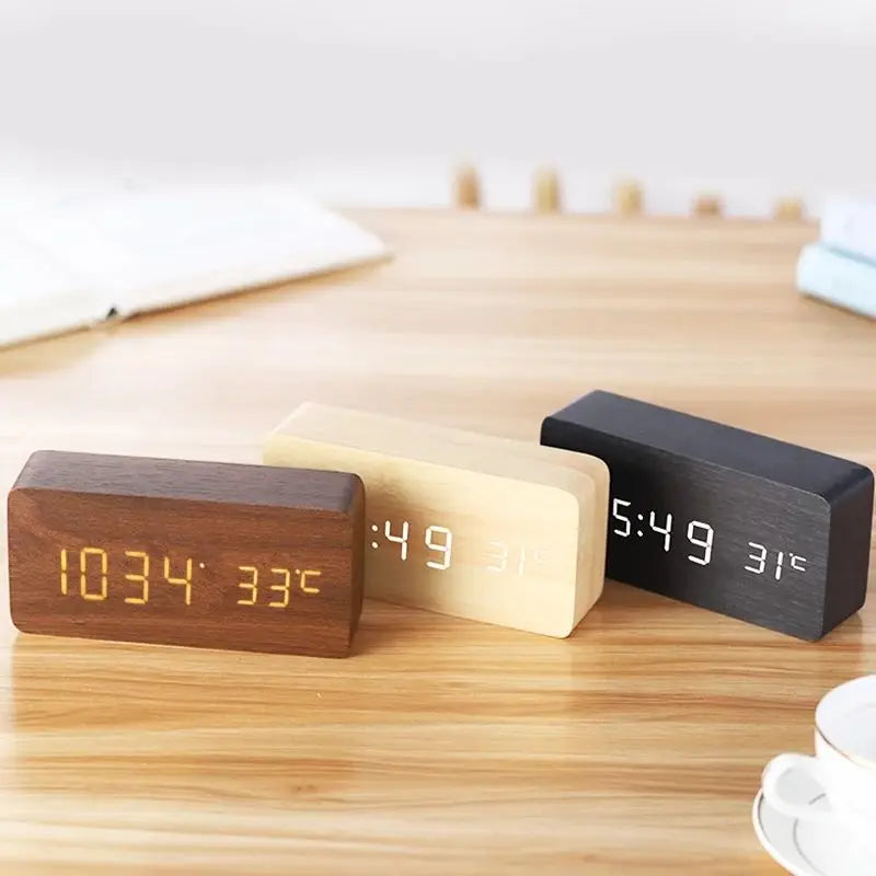 Wooden LED Alarm Clock – Bedside & Office Temperature Clock
